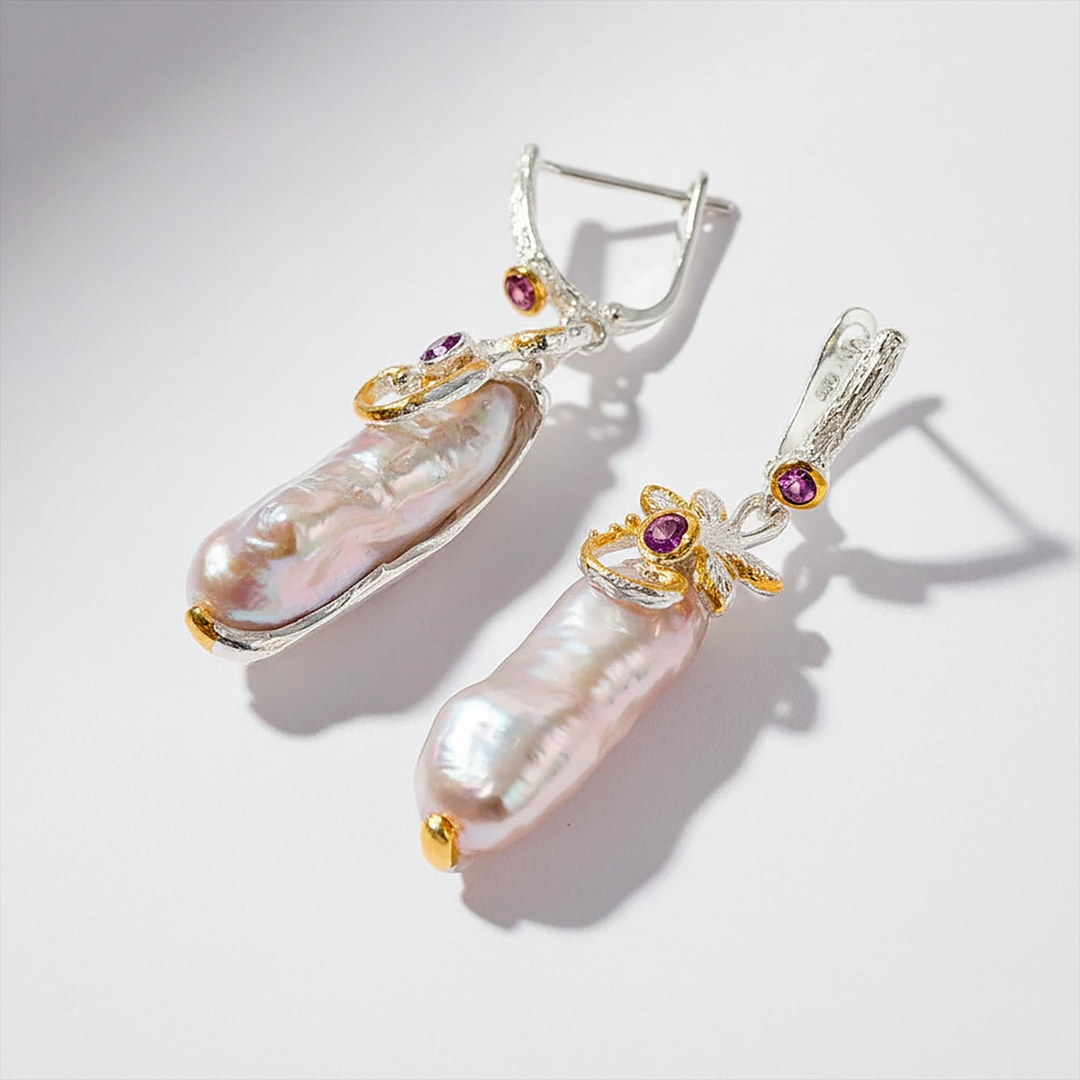 925 Sterling Silver Baroque Pearl Earrings, side angle