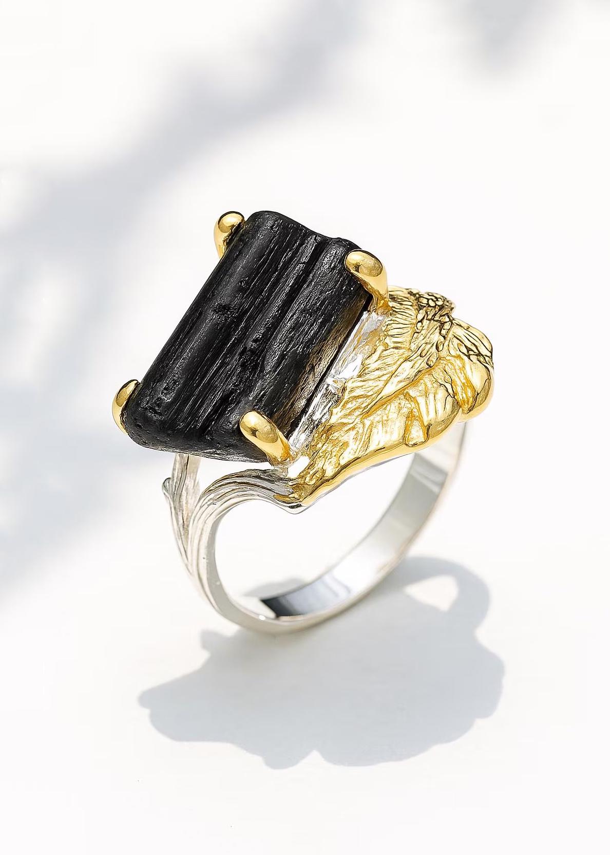 925 Sterling Silver Black Tourmaline Ring, worn on hand
