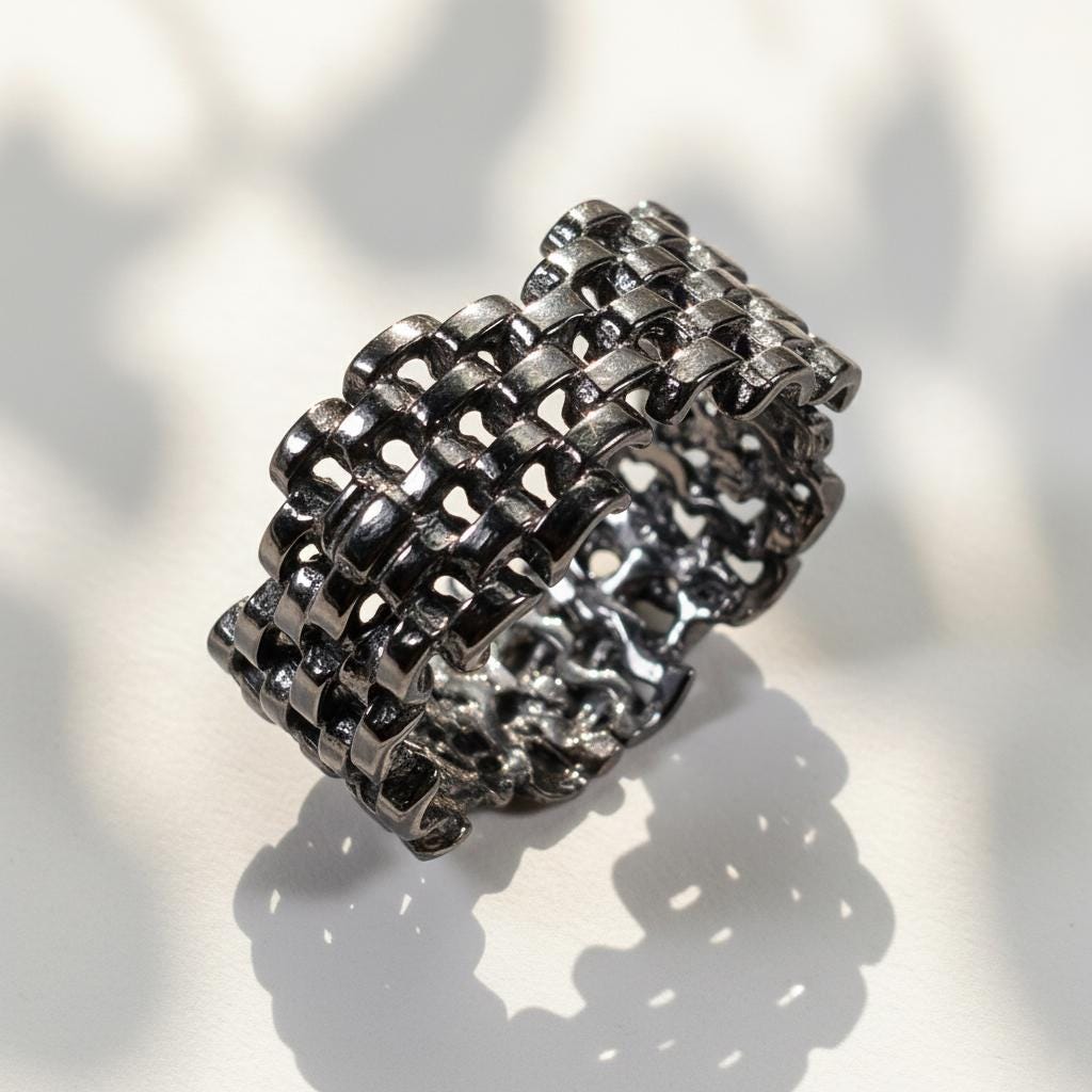 925 Sterling Silver Black Wide Band Ring, close-up detail