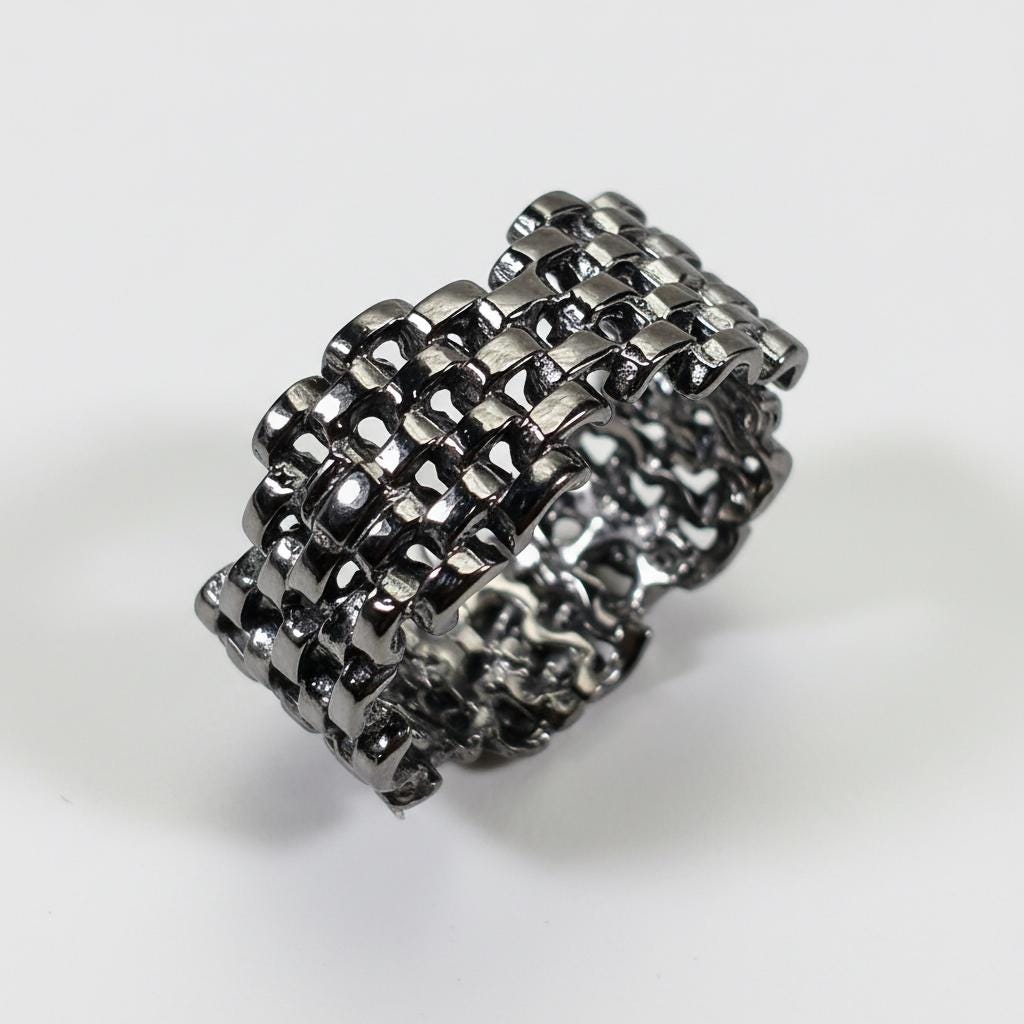925 Sterling Silver Black Wide Band Ring, worn on hand