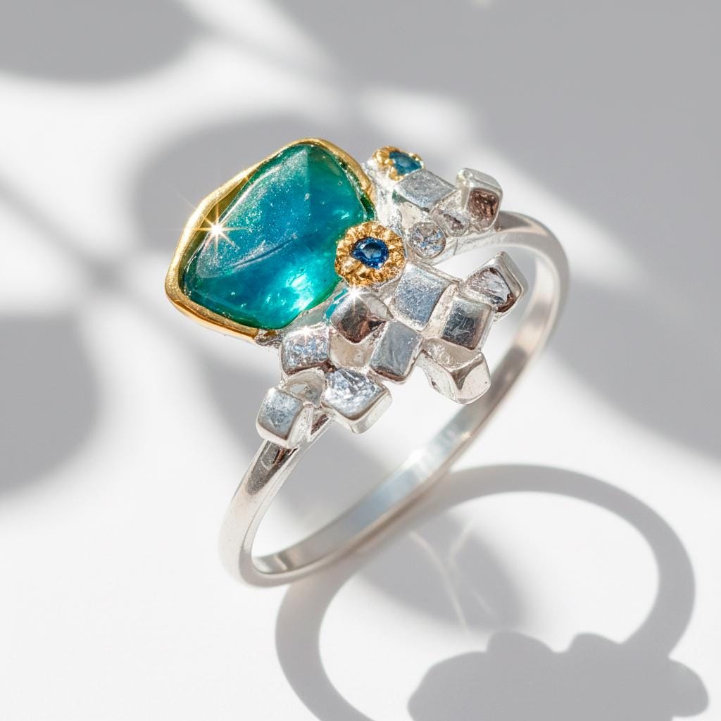 925 Sterling Silver Blue Apatite Ring, setting detail