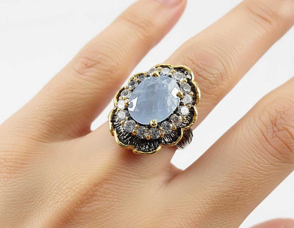 925 Sterling Silver Aquamarine Ring, worn on hand