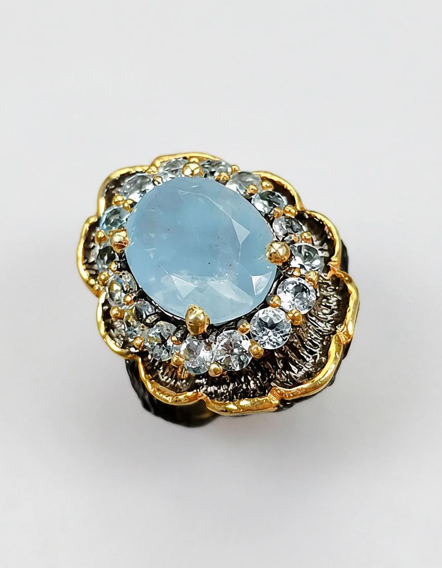 925 Sterling Silver Aquamarine Ring, setting detail