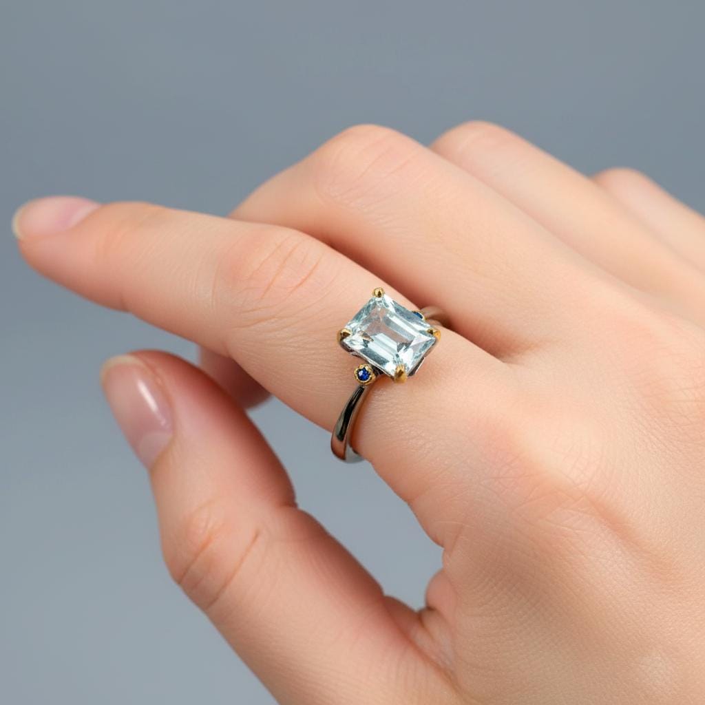 925 Sterling Silver Blue Aquamarine Ring, alternate angle