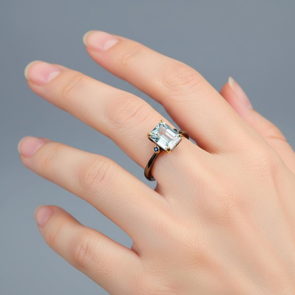 925 Sterling Silver Blue Aquamarine Ring, side view