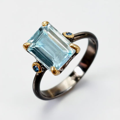 925 Sterling Silver Blue Aquamarine Ring, worn on hand