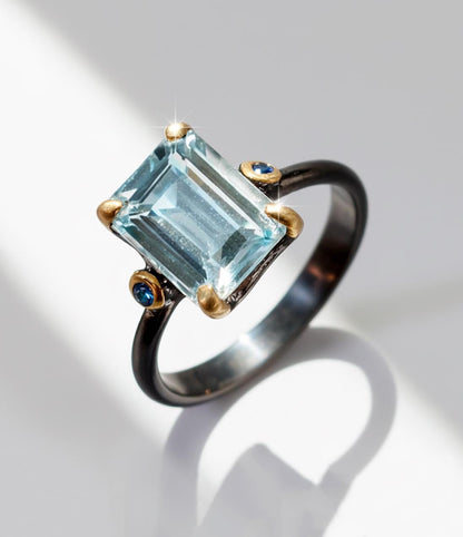 925 Sterling Silver Blue Aquamarine Ring, setting detail