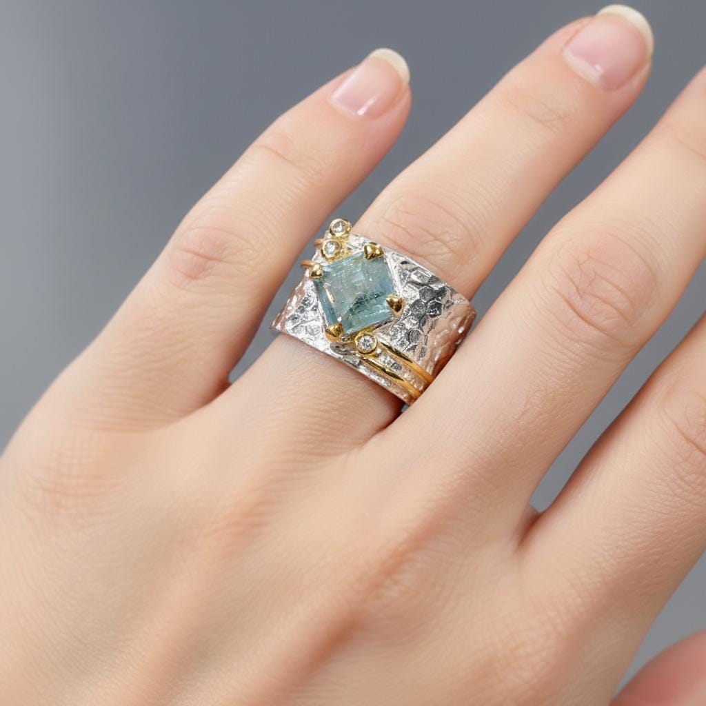 925 Sterling Silver Blue Kyanite Ring, worn on hand