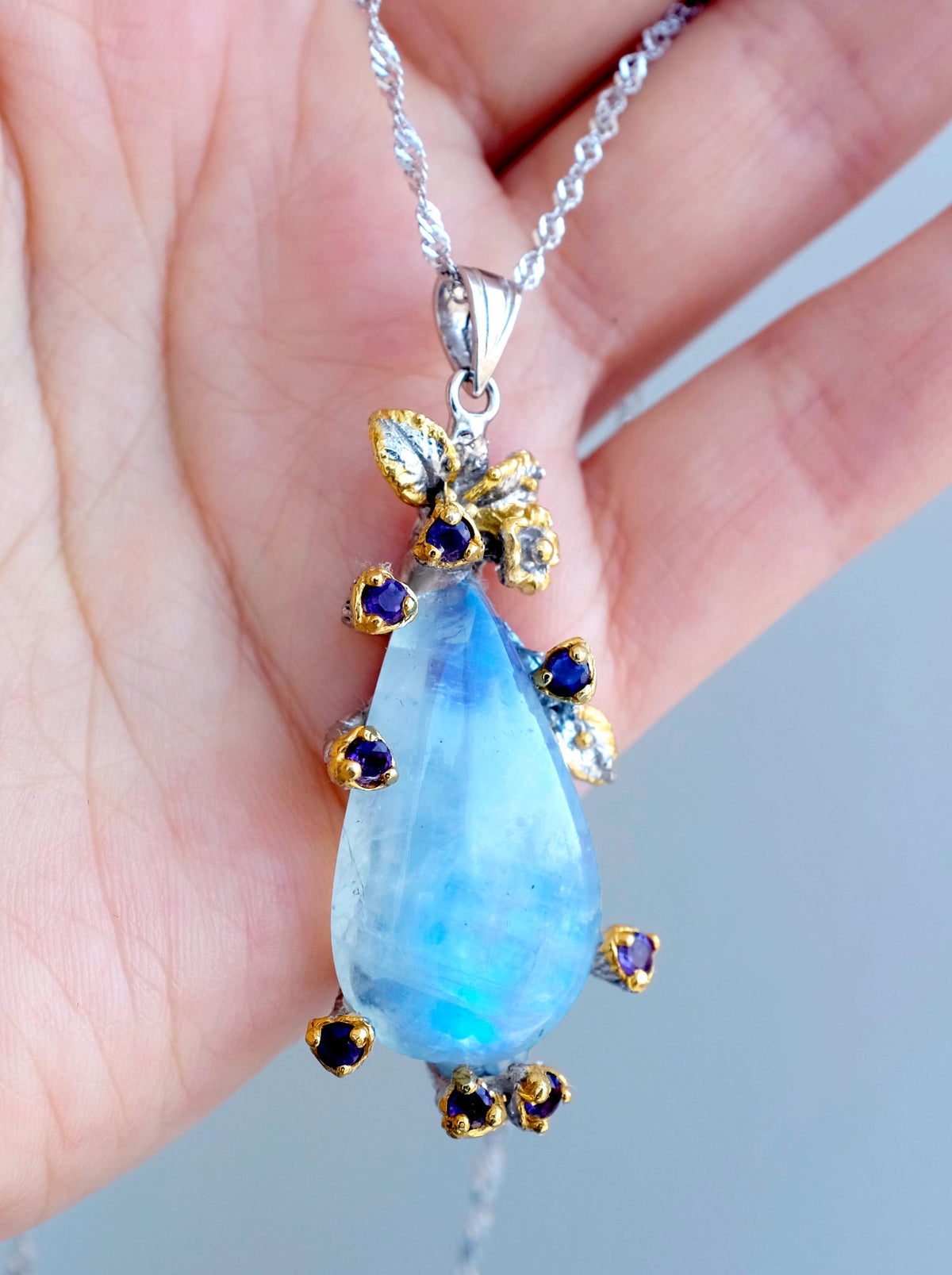 925 Sterling Silver Blue Moonstone Pendant, worn view