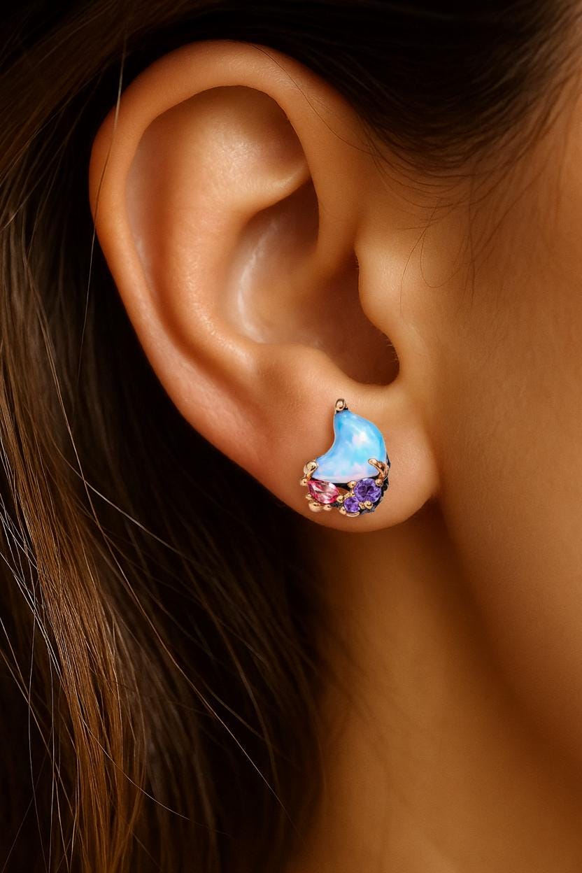 925 Sterling Silver Blue Opal Earrings, worn view
