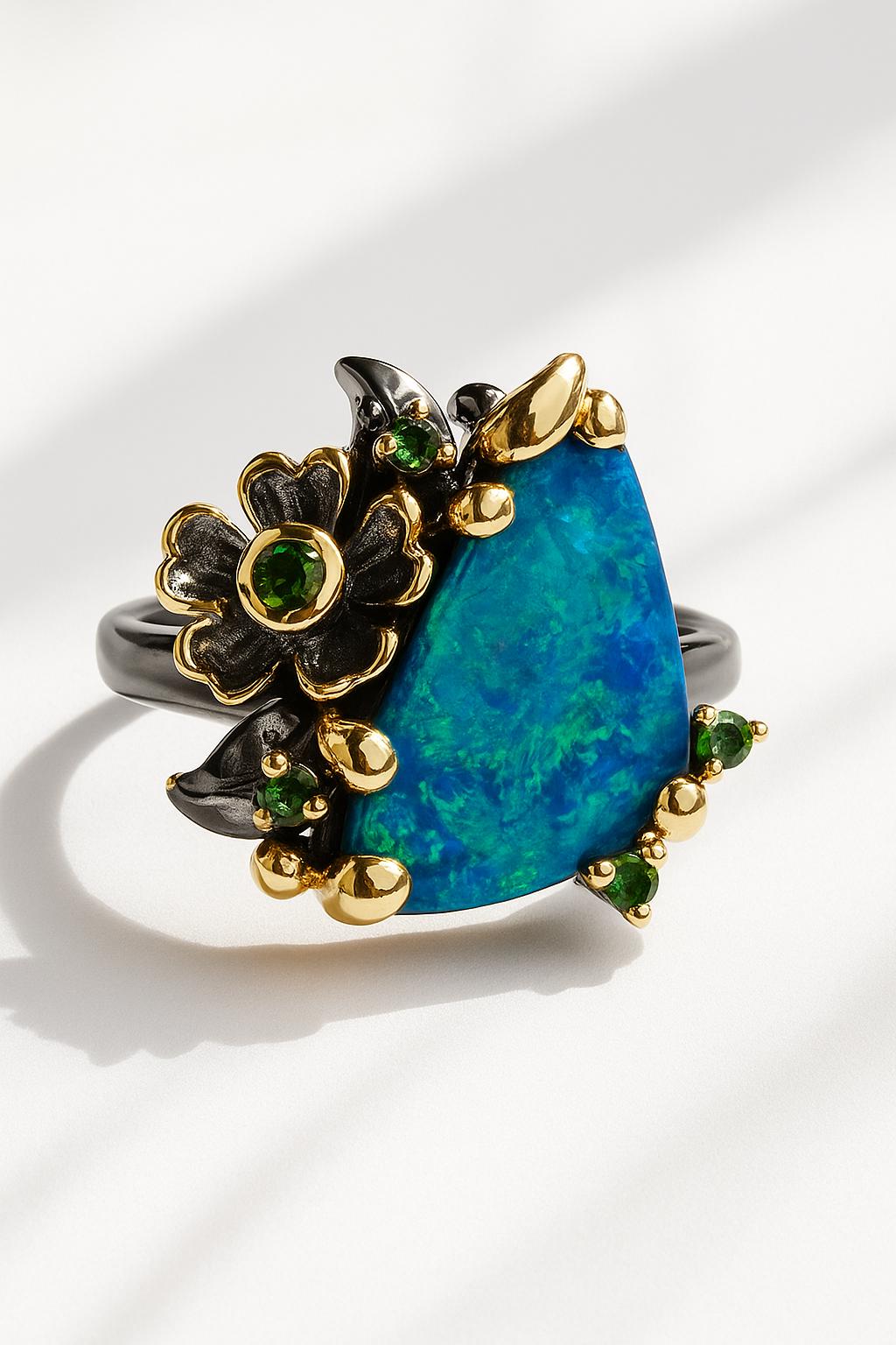 925 Sterling Silver Boulder Opal Ring, texture close-up