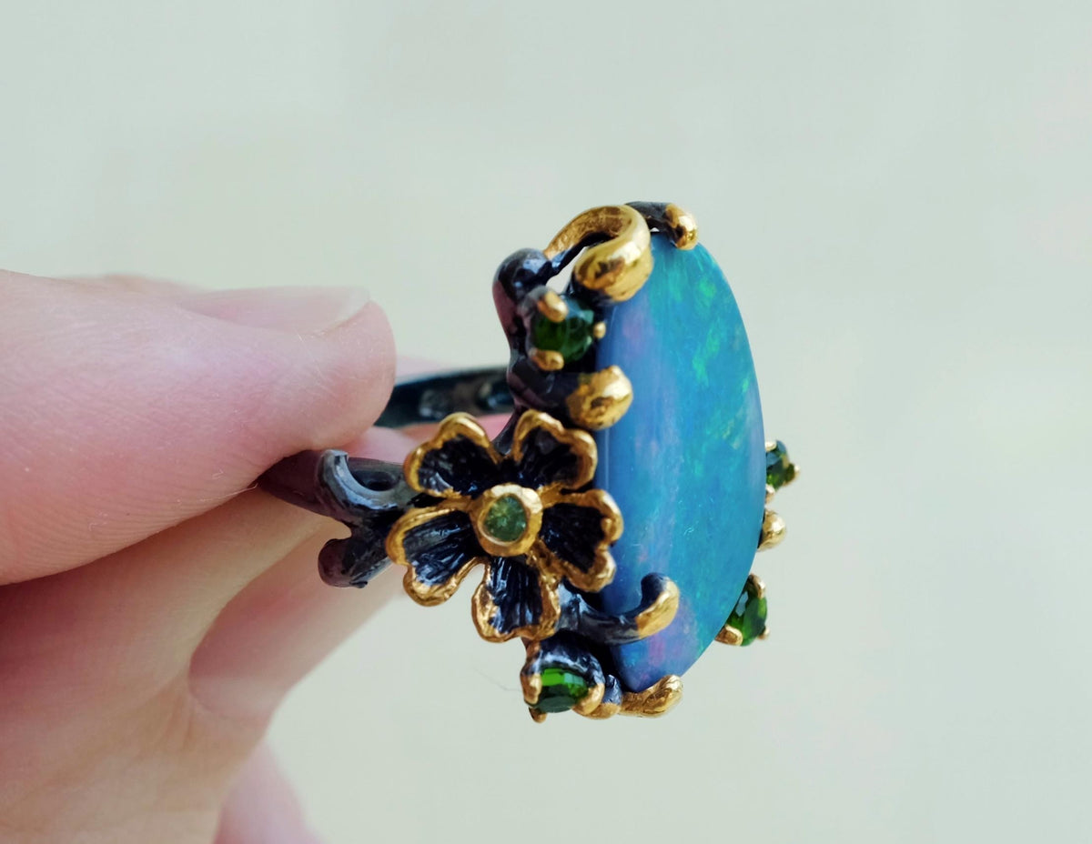 925 Sterling Silver Boulder Opal Ring, worn on hand