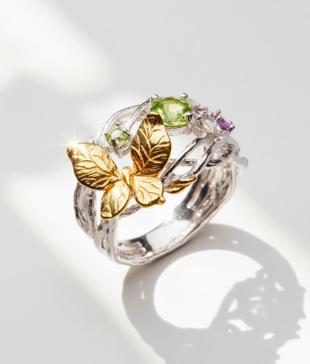 925 Sterling Silver Peridot Ring Set, worn on hand