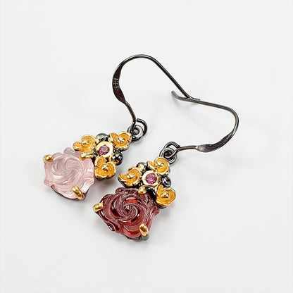925 Sterling Silver Tourmaline Rose Earrings, close-up detail