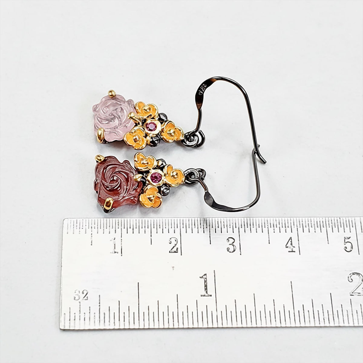 925 Sterling Silver Tourmaline Rose Earrings, worn view