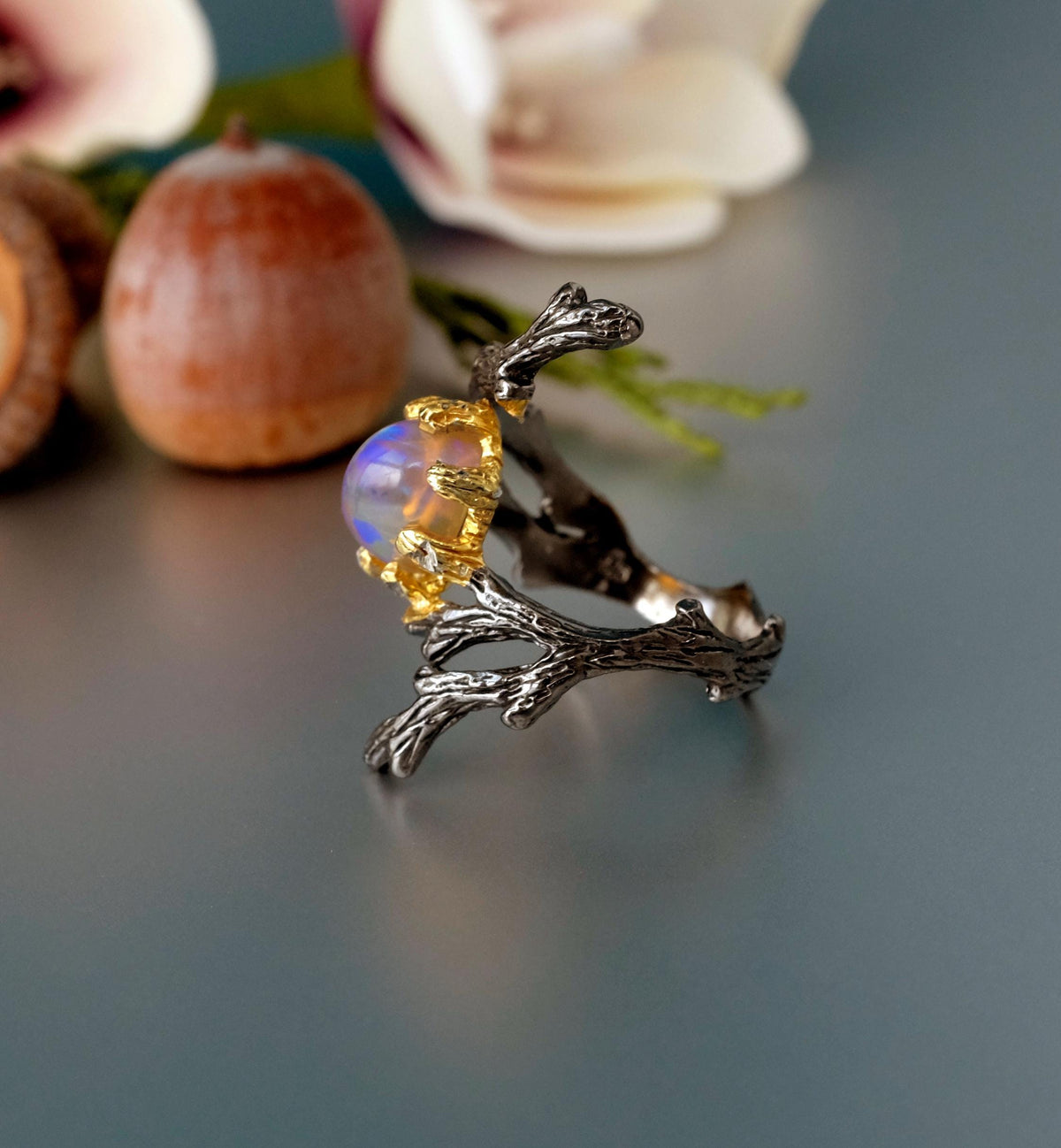 925 Sterling Silver Fire Opal Ring, worn on hand
