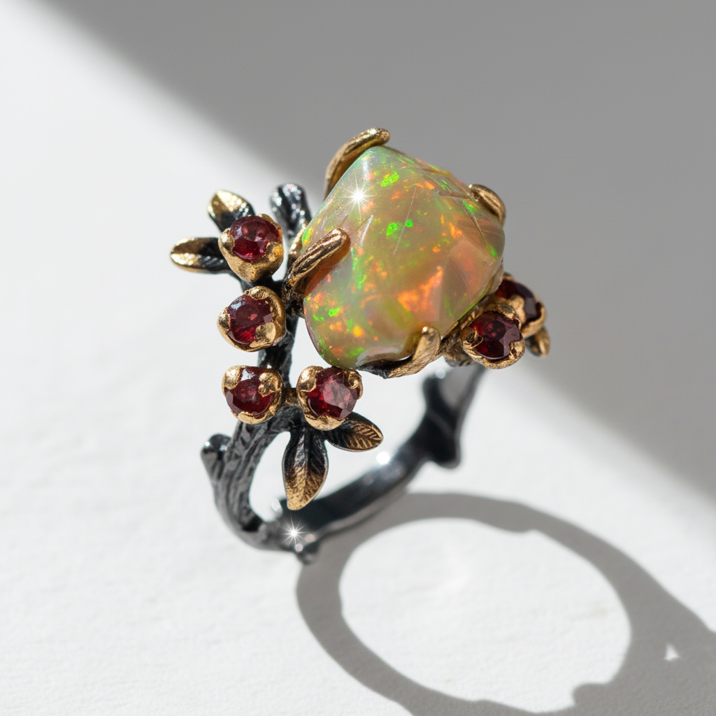 925 Sterling Silver Fire Opal Ring, texture close-up