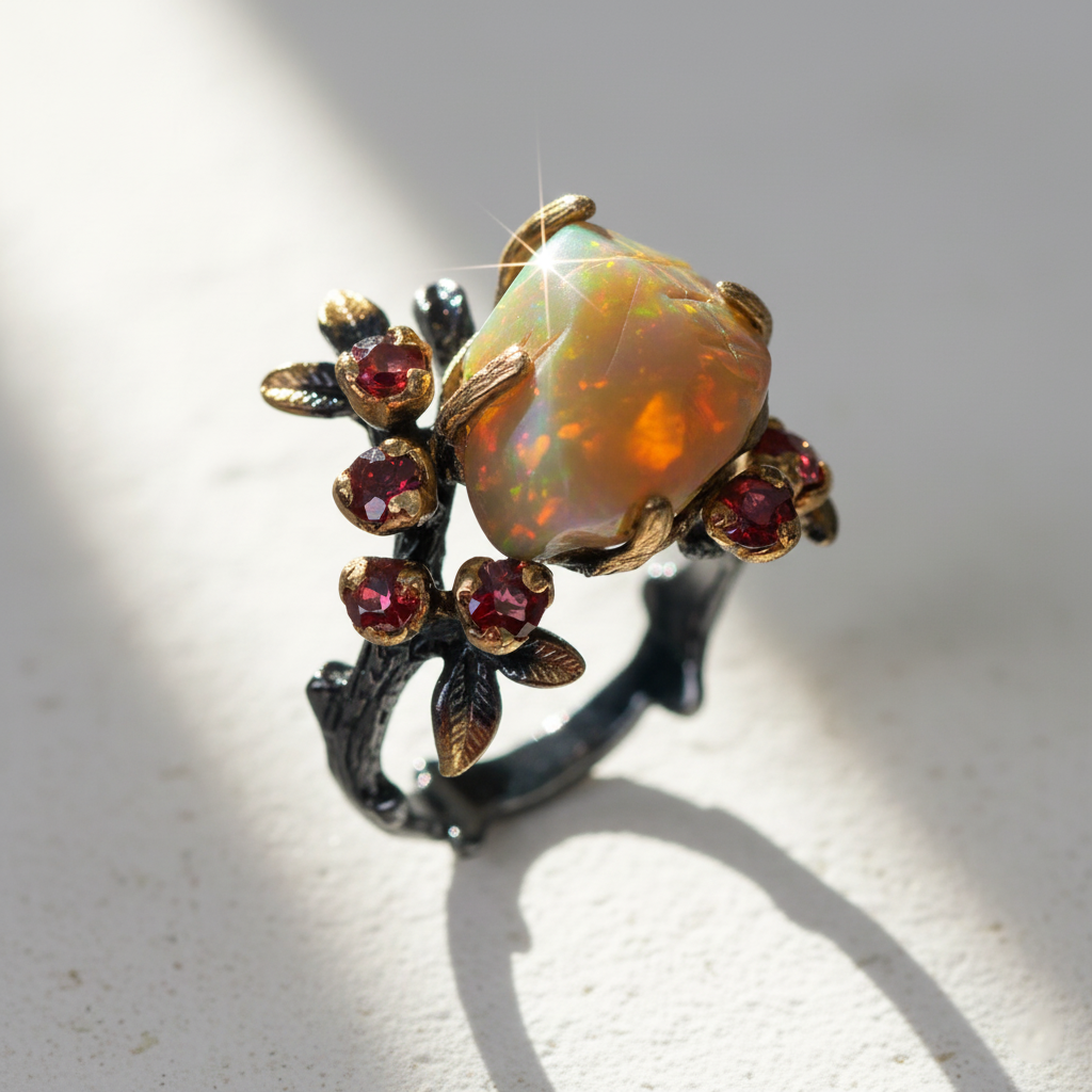925 Sterling Silver Fire Opal Ring, worn look