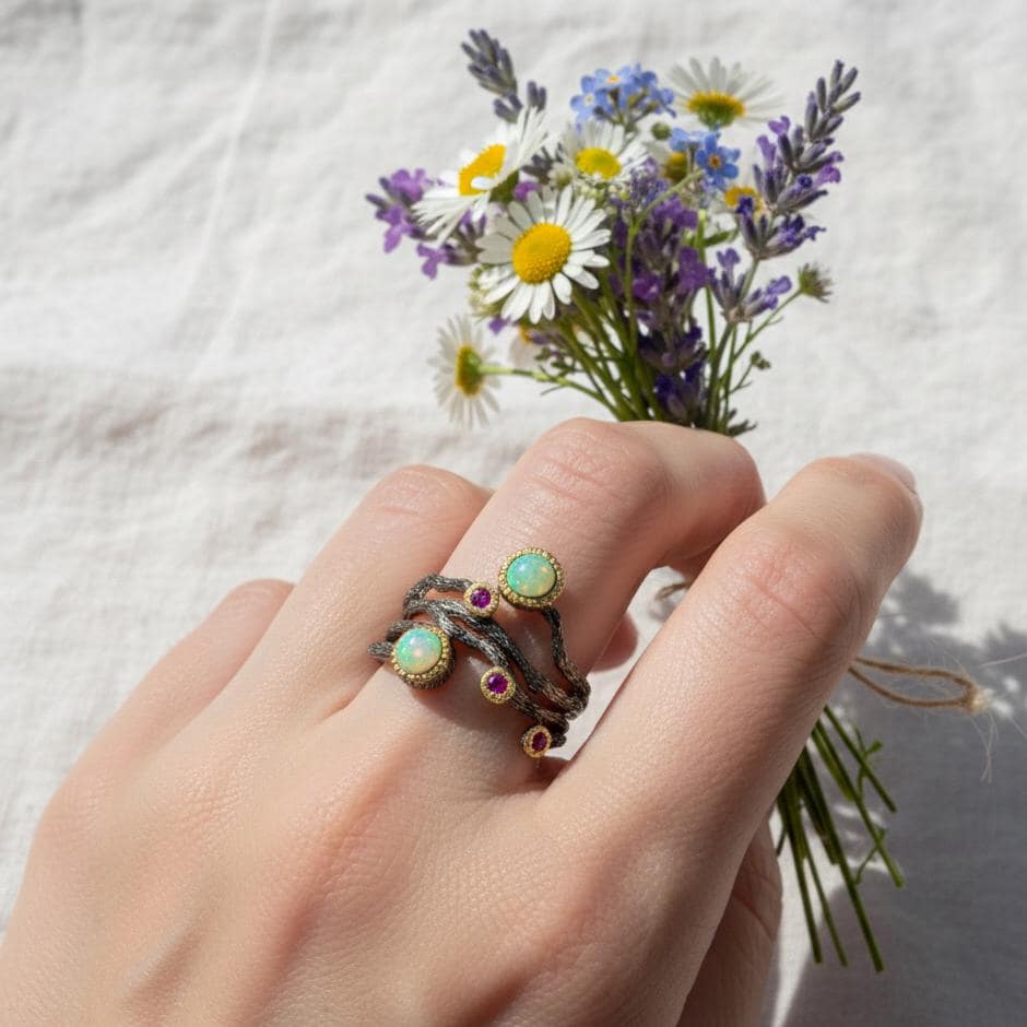 925 Sterling Silver Fire Opal Ring, close-up detail