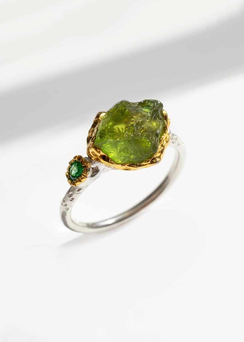 925 Sterling Silver Green Peridot Ring, worn on hand