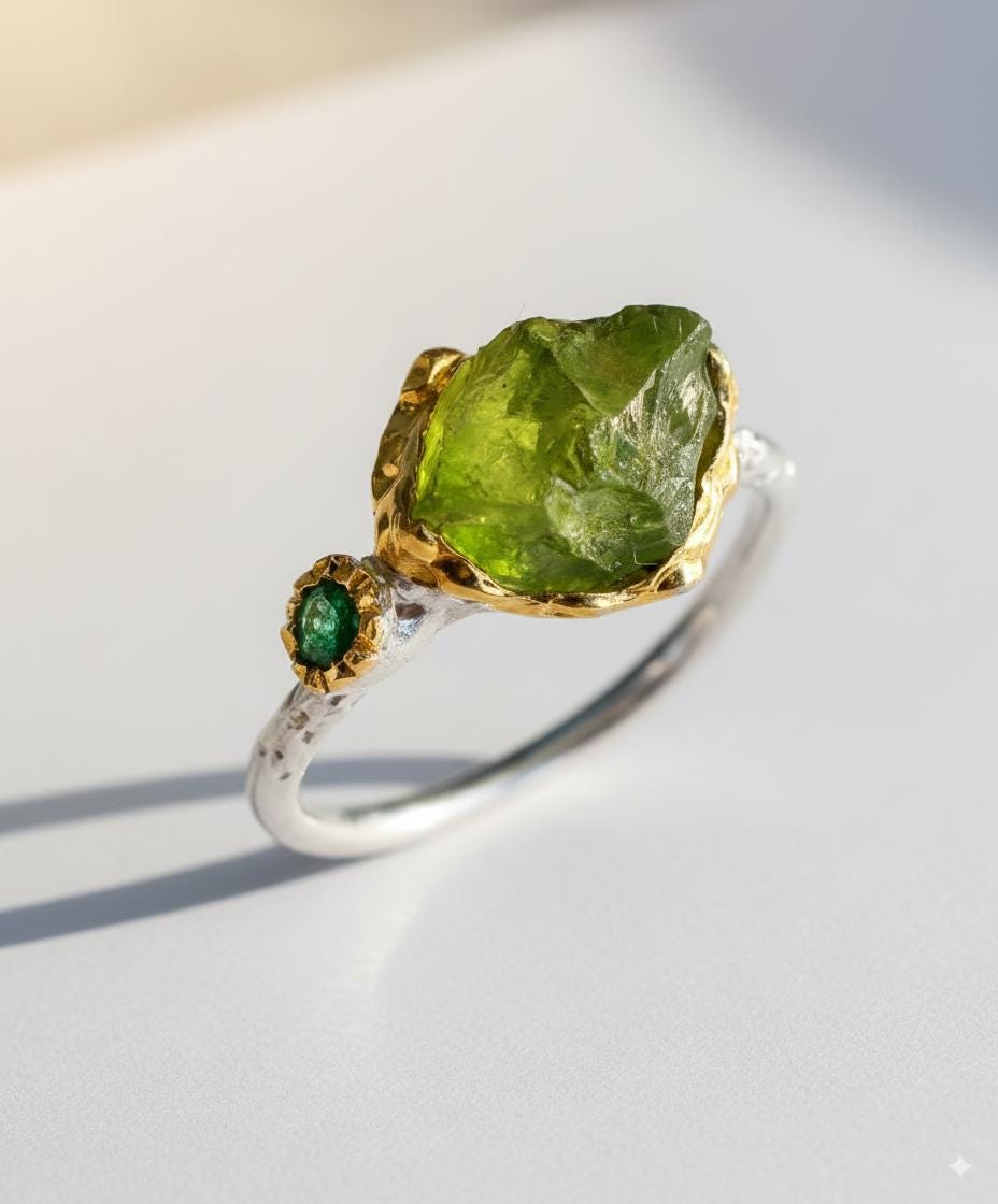 925 Sterling Silver Green Peridot Ring, setting detail