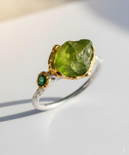 925 Sterling Silver Green Peridot Ring, setting detail
