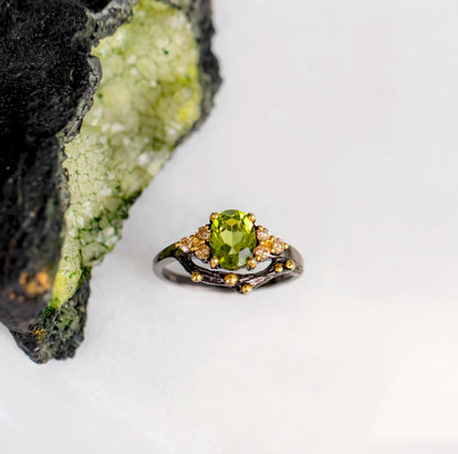 925 Sterling Silver Green Peridot Ring, worn on hand