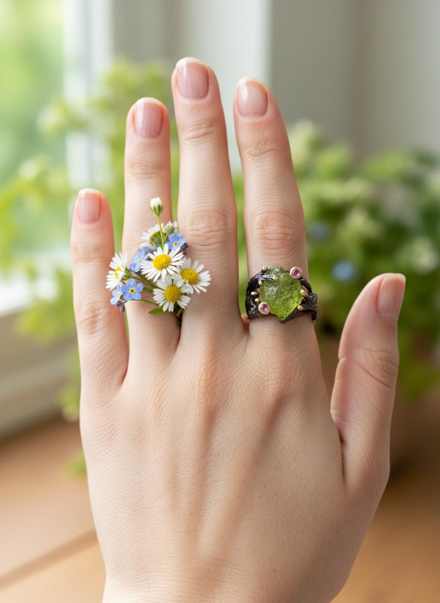 925 Sterling Silver Green Peridot Ring, close-up detail
