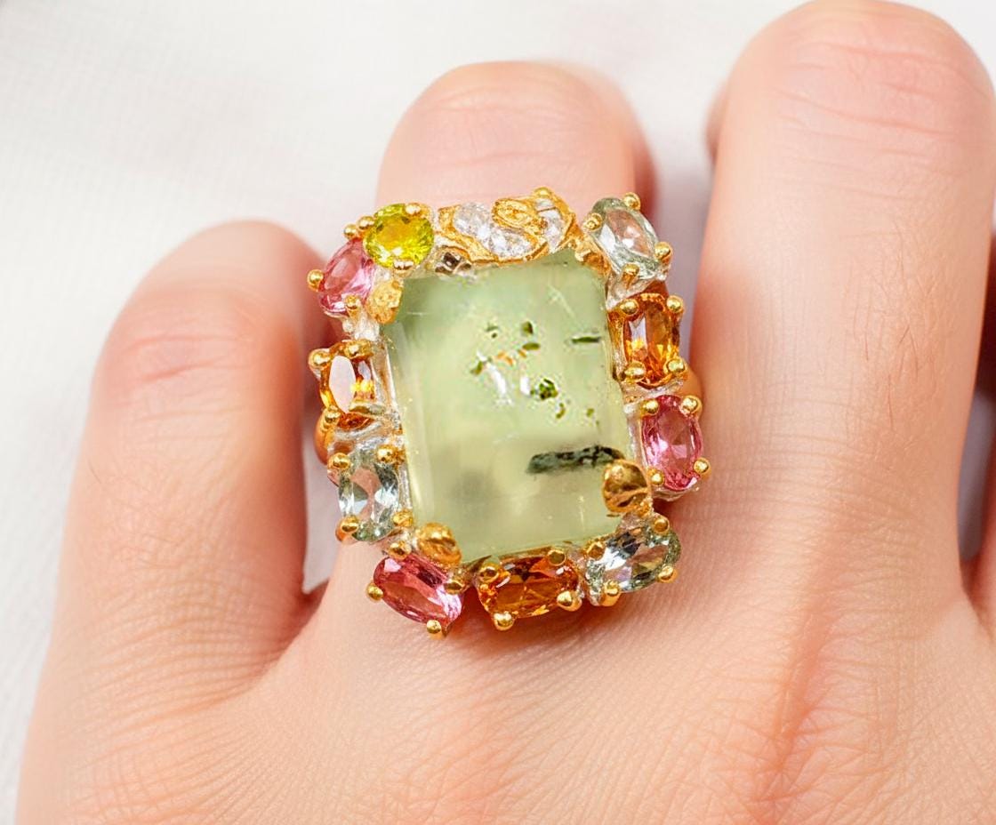 925 Sterling Silver Green Prehnite Ring, side view