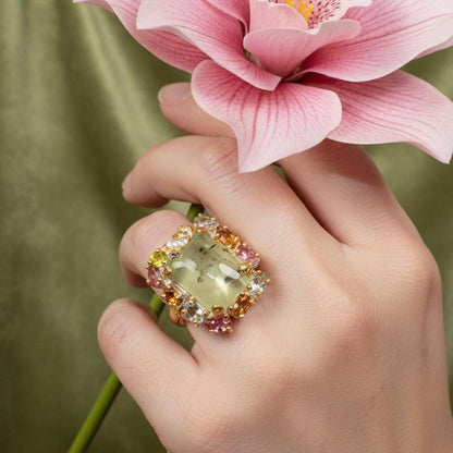 925 Sterling Silver Green Prehnite Ring, worn on hand