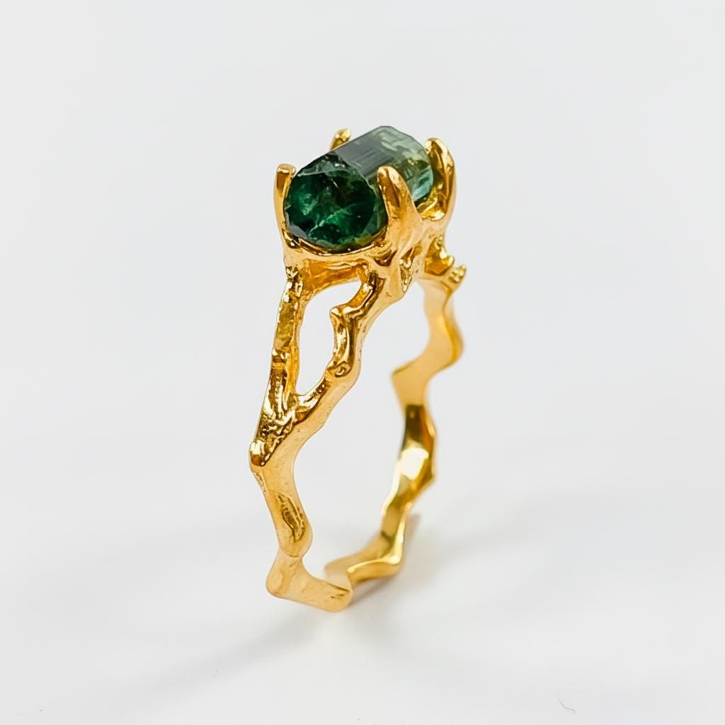 925 Sterling Silver Green Tourmaline Bar Ring, worn on hand