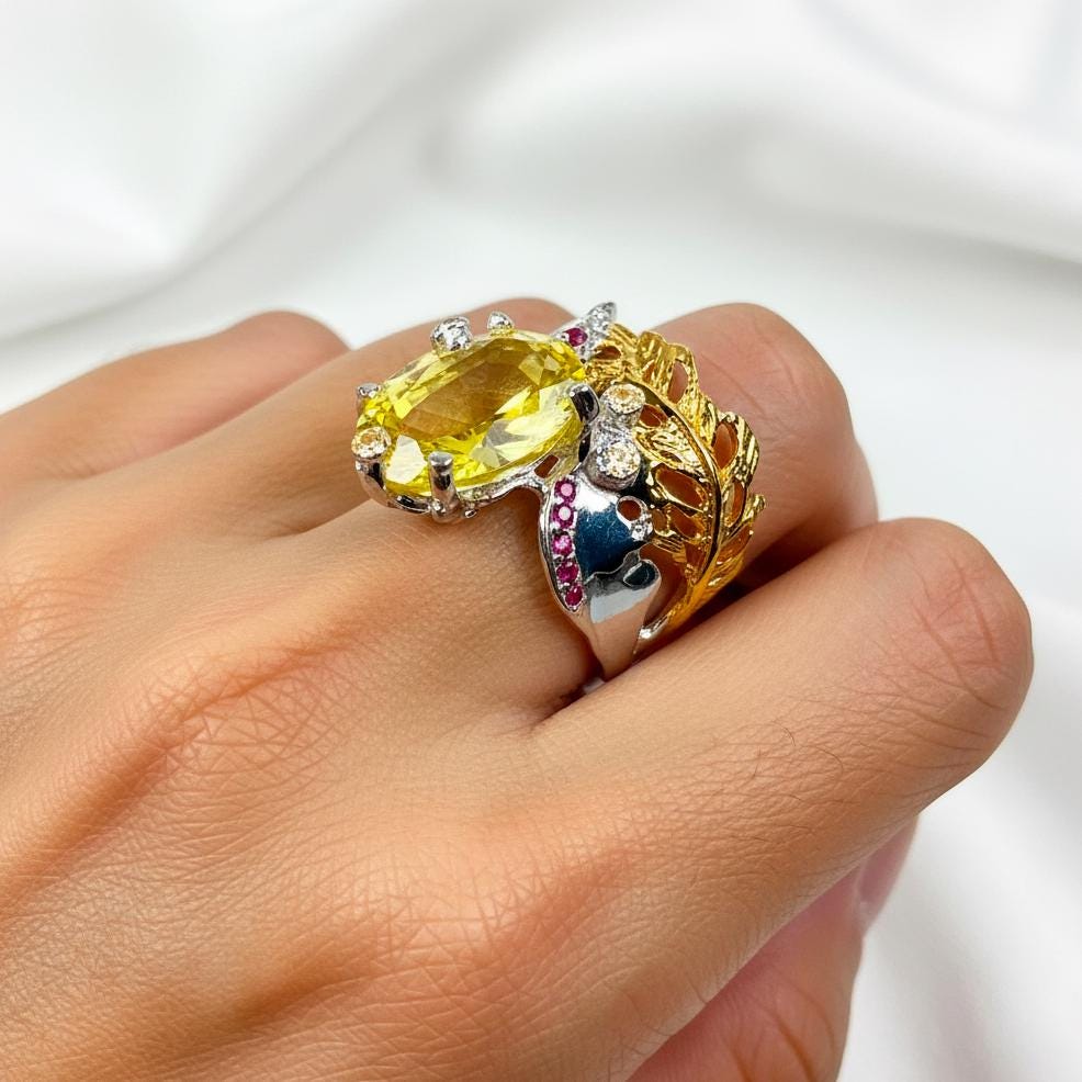 925 Sterling Silver Lemon Quartz Ring, worn look
