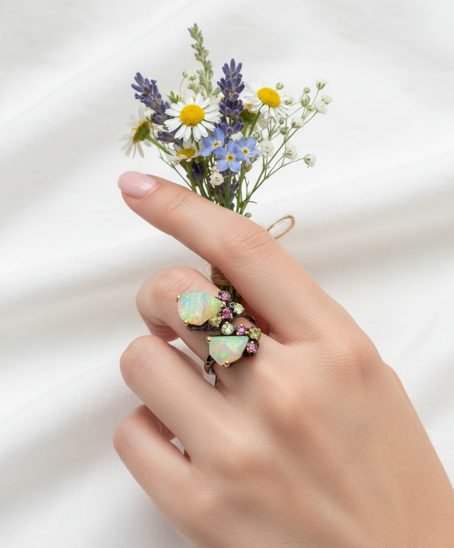 925 Sterling Silver Raw Opal Tourmaline Ring, texture close-up