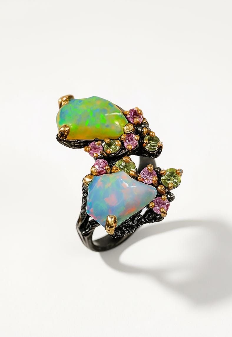 925 Sterling Silver Raw Opal Tourmaline Ring, close-up detail, image 12