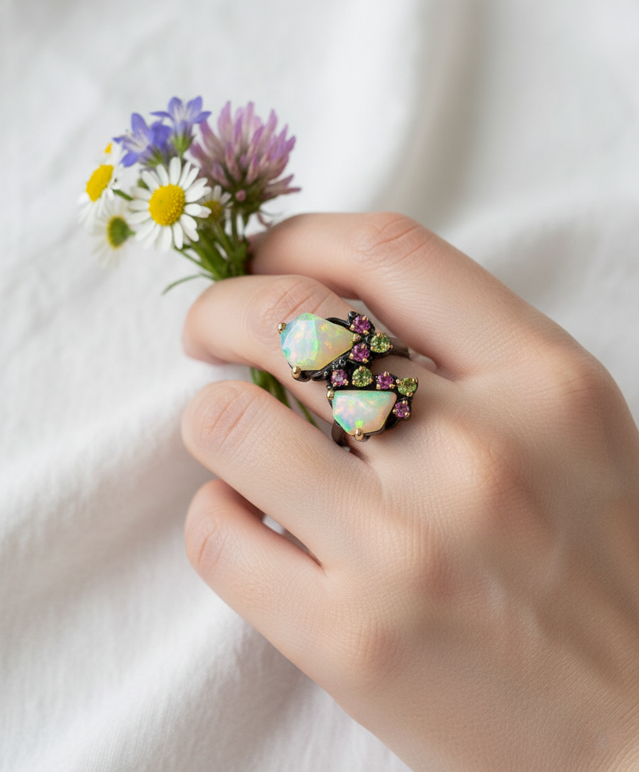 925 Sterling Silver Raw Opal Tourmaline Ring, close-up detail