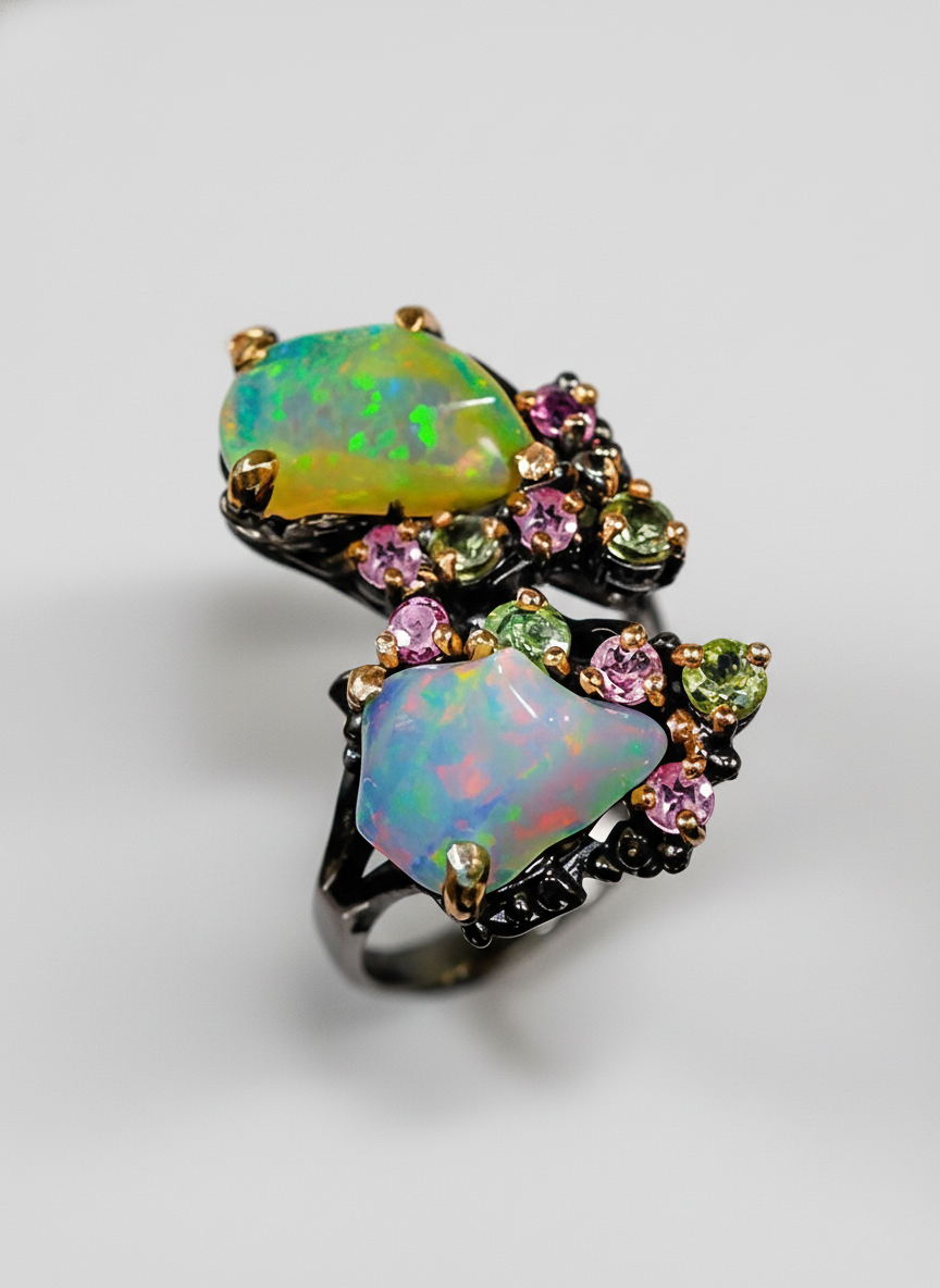 925 Sterling Silver Raw Opal Tourmaline Ring, worn on hand