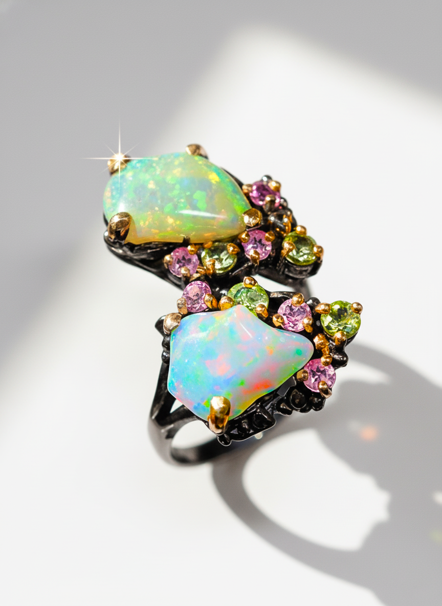 925 Sterling Silver Raw Opal Tourmaline Ring, setting detail