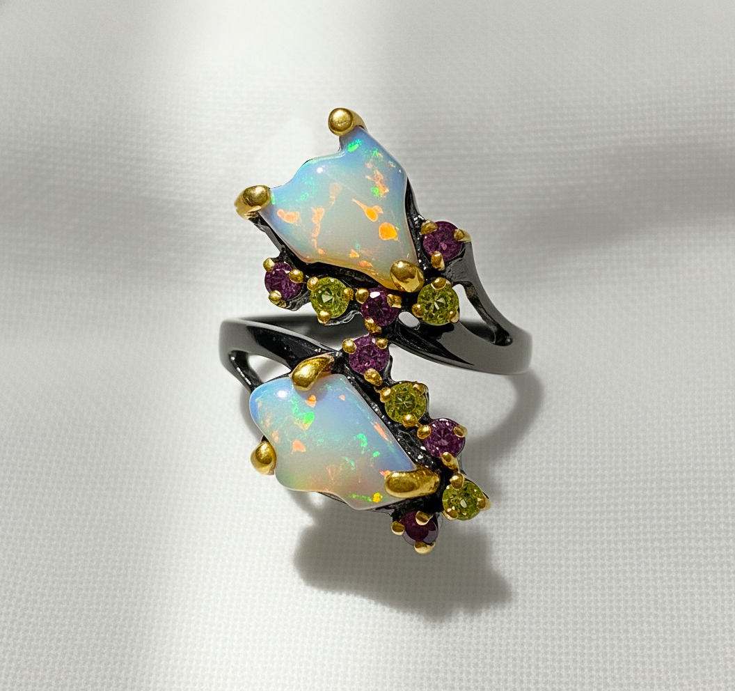 925 Sterling Silver Raw Opal Tourmaline Ring, additional angle