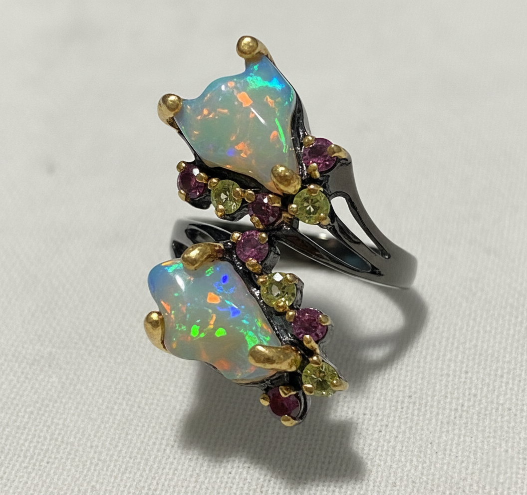 925 Sterling Silver Raw Opal Tourmaline Ring, worn look
