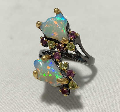 925 Sterling Silver Raw Opal Tourmaline Ring, worn look