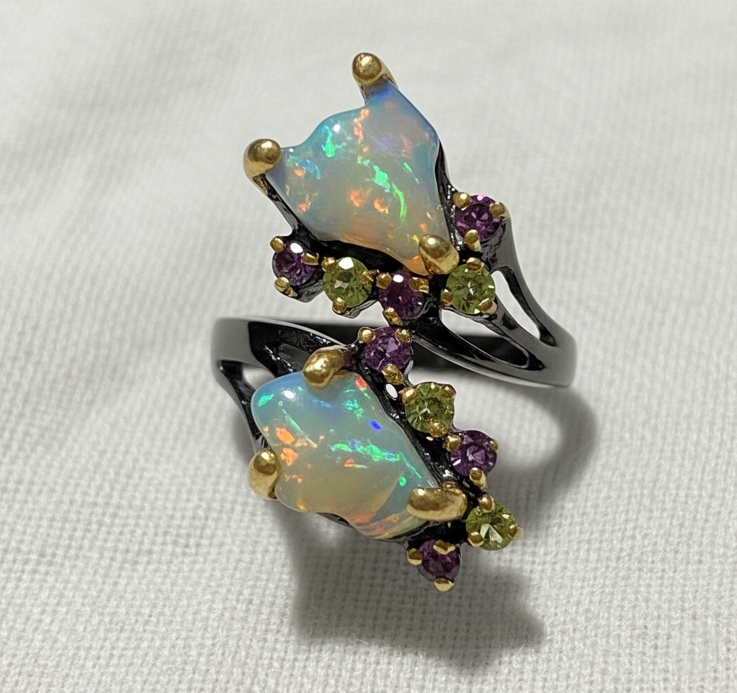 925 Sterling Silver Raw Opal Tourmaline Ring, band detail