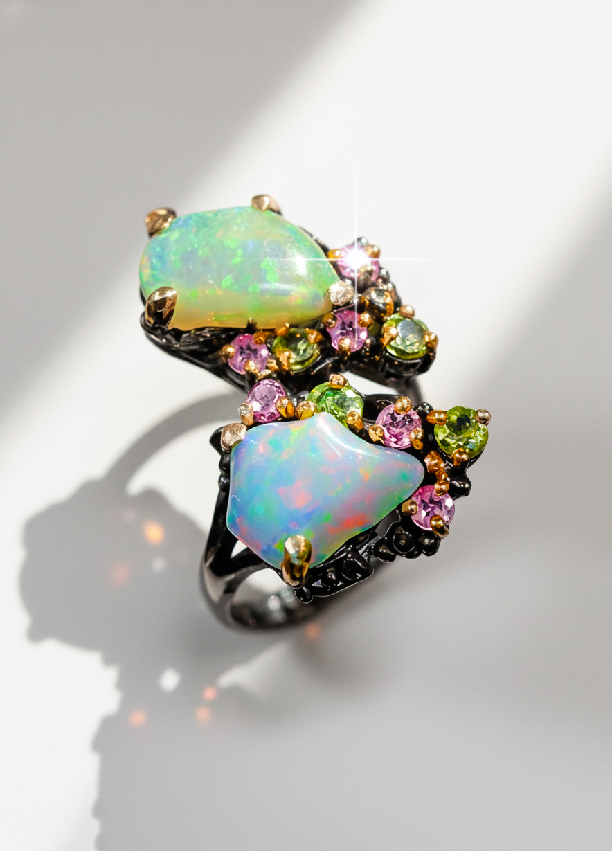 925 Sterling Silver Raw Opal Tourmaline Ring, main product image
