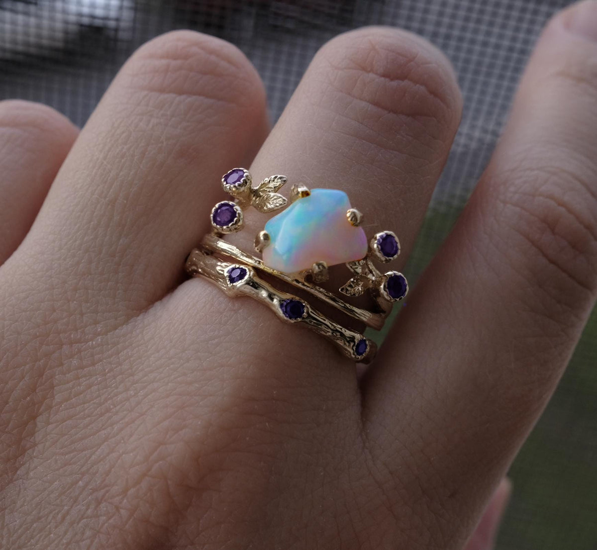 925 Sterling Silver Opal Ring Set, close-up detail