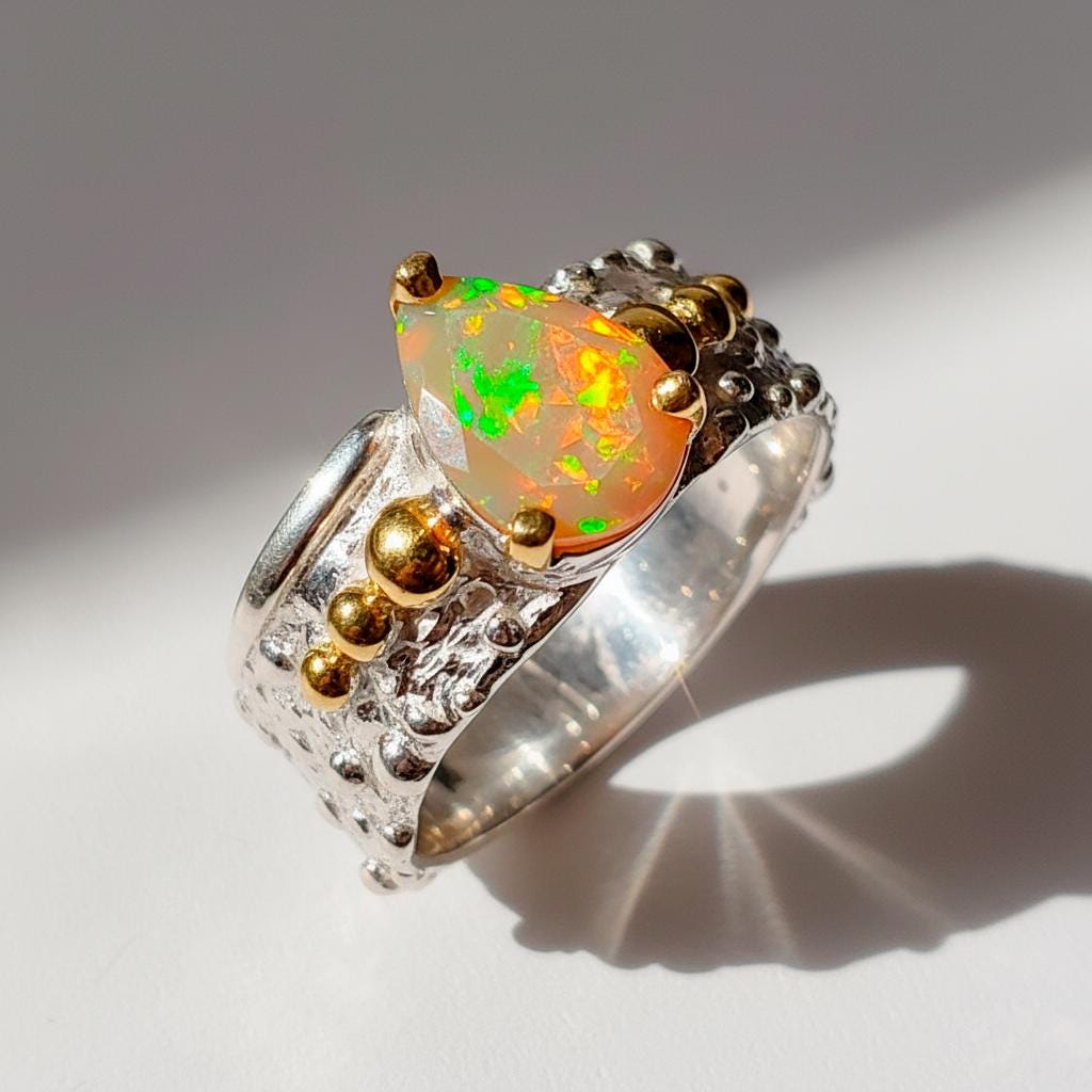 925 Sterling Silver Orange Opal Ring, setting detail