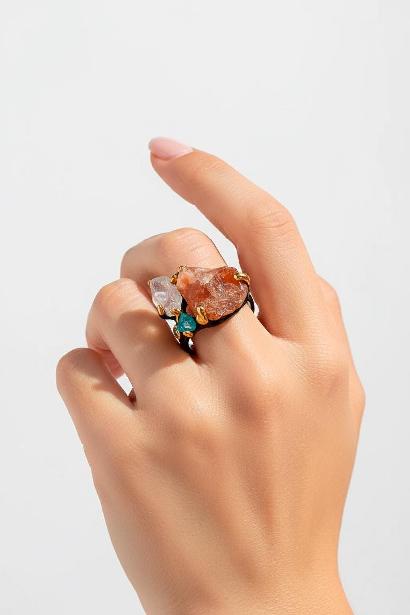 925 Sterling Silver Orange Spessartite Ring, close-up detail