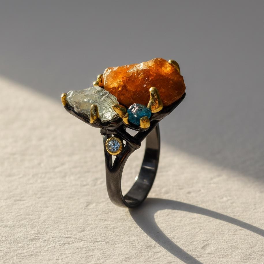 925 Sterling Silver Orange Spessartite Ring, worn look