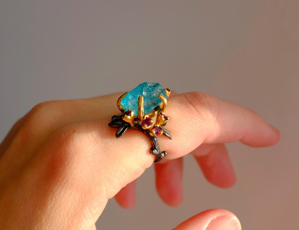 925 Sterling Silver Paraiba Apatite Ring, worn on hand