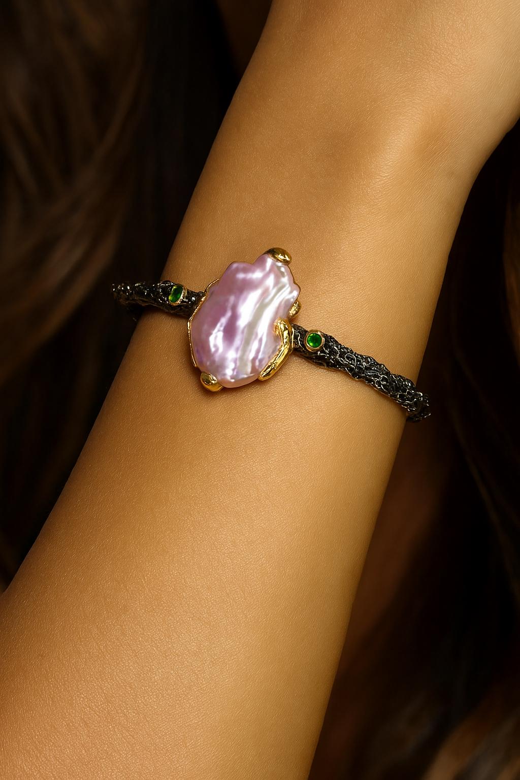 925 Sterling Silver Baroque Pearl Bracelet, worn on wrist