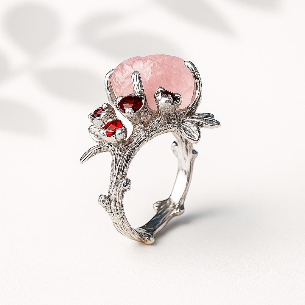 925 Sterling Silver Pink Morganite Ring, setting detail