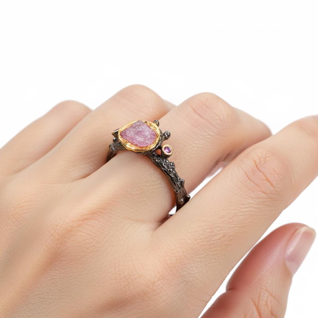 925 Sterling Silver Pink Ruby Ring, close-up detail